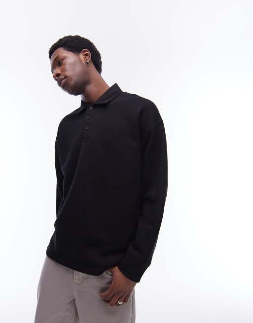 Sudadera negra extragrande con cuello tipo polo de Topman