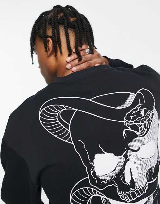 Sudadera negra extragrande con estampado de calavera en la espalda de Jack & Jones Originals , 3 de 4