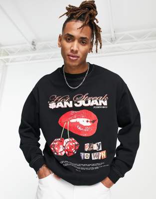 Sudadera negra extragrande con estampado fotográfico de labios en la parte delantera y costuras en contraste de ASOS DESIGN