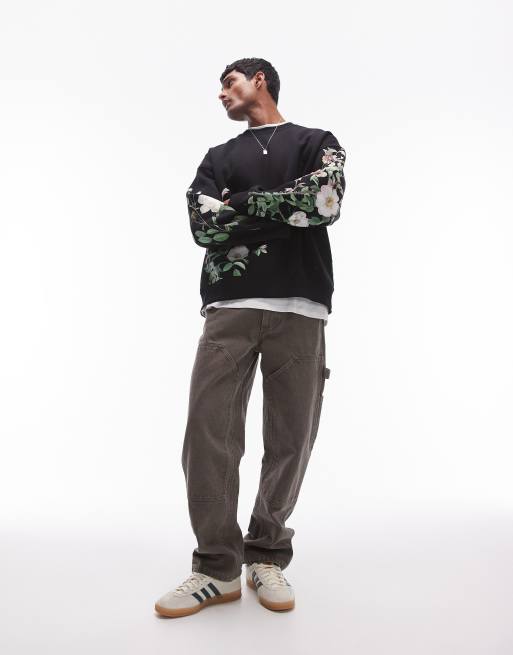 Sudadera negra extragrande con estampado integral floral de Topman, 3 de 4
