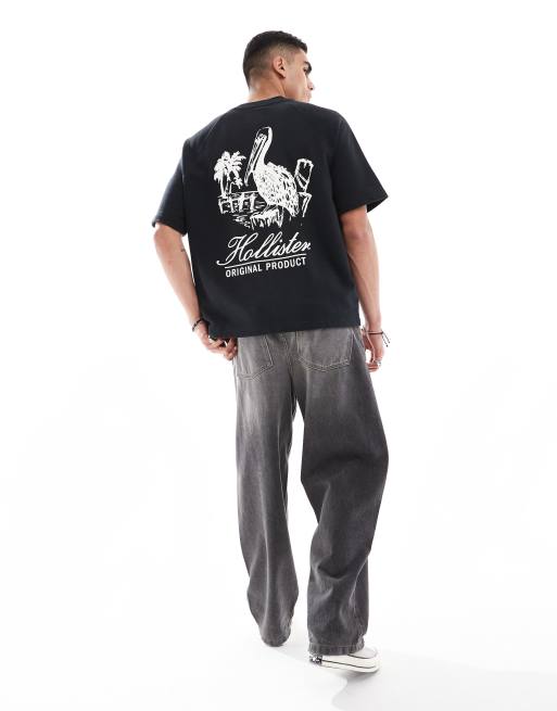Sudadera negra extragrande de manga corta con logo de tejido rizado de Hollister