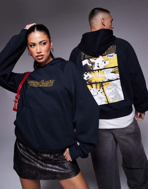 Sudadera negra unisex de corte cuadrado extragrande con capucha y estampados de Pokémon de ASOS DESIGN