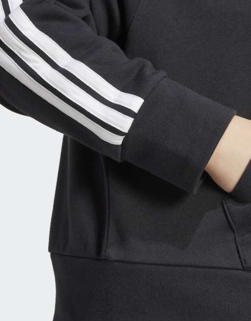 Sudadera negra y blanca con capucha, cremallera corta y 3 rayas de felpa rizada Essentials de adidas Performance Plus, 3 de 4