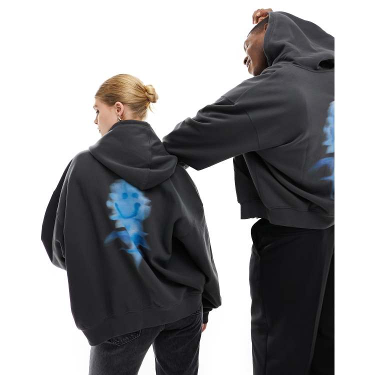 Sudadera negro desgastado unisex con capucha, cremallera y