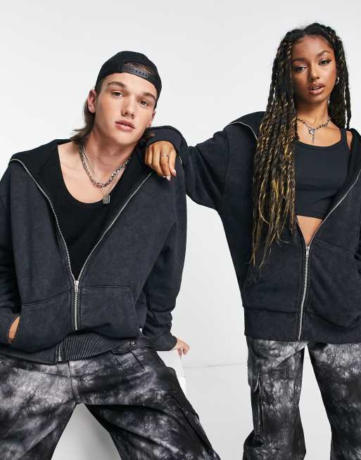 Sudadera negro lavado con capucha tipo pasamontañas y cremallera de COLLUSION Unisex 