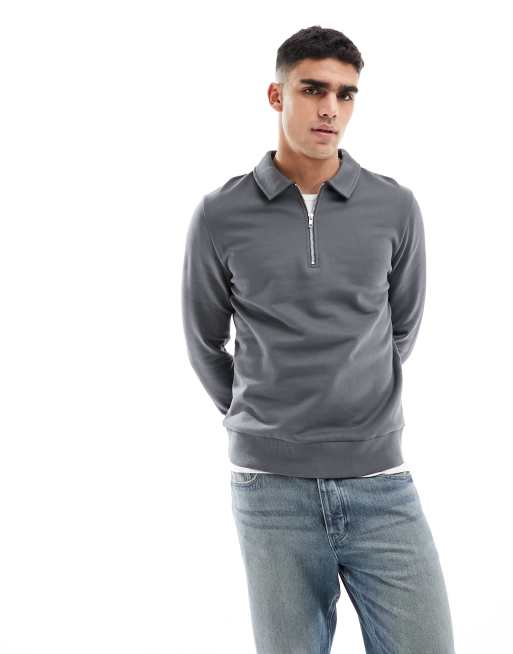Sudadera negro lavado con cuello tipo polo con cremallera corta de ASOS DESIGN