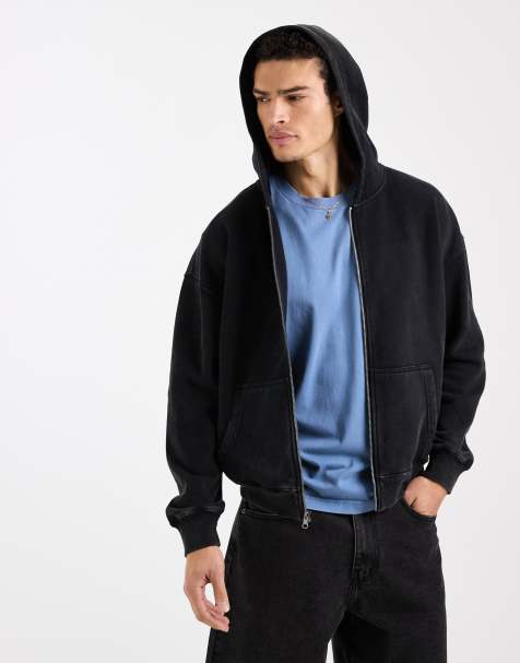 Sudadera negro lavado de corte cuadrado con capucha, bolsillo delantero y cremallera de Hollister - view 1