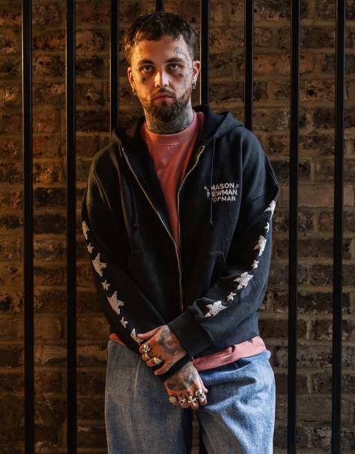 Sudadera negro lavado de corte cuadrado con capucha y estampado de vaquera en el pecho y la espalda exclusiva de Mason Newman x Topman