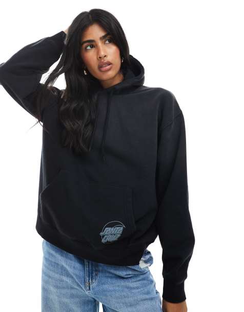Sudadera negro lavado de corte cuadrado con capucha y estampado en la espalda de felpa cepillada de Santa Cruz - view 1