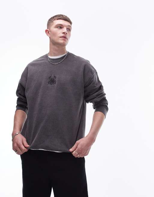 Sudadera negro lavado extragrande con bordado de araña estilo tatuaje de Topman