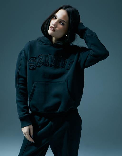 Sudadera negro lavado extragrande con capucha y detalle 