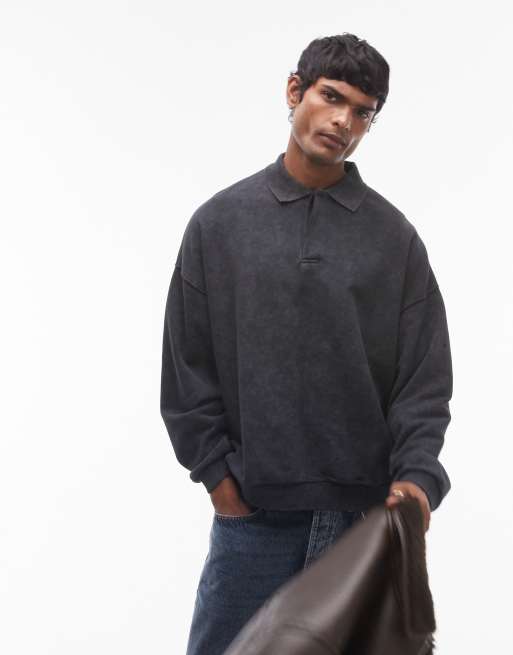Sudadera negro lavado extragrande con cuello tipo polo de Topman