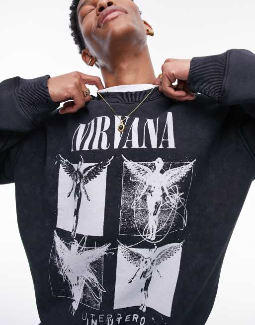 Sudadera negro lavado extragrande con estampado de ngel de Nirvana de Topman