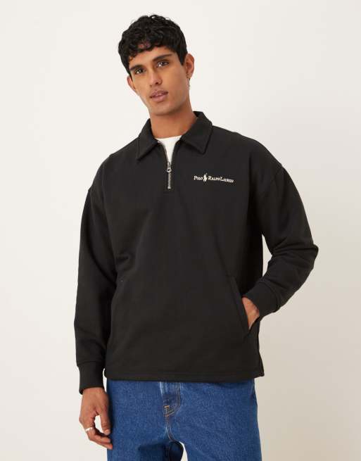 Sudadera negro Polo holgada con cuello tipo polo, media cremallera y logo de icono y texto de tejido grueso de Polo Ralph Lauren