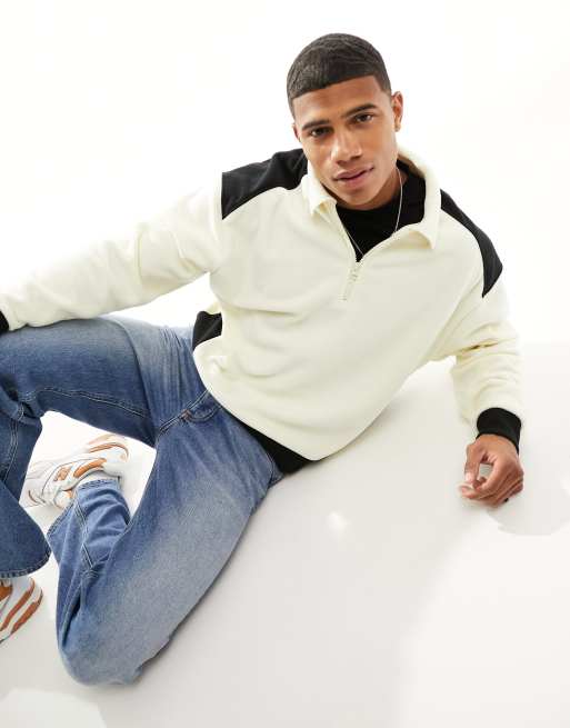 Sudadera polar blanco hueso estilo rugby extragrande con diseño color block, cuello tipo polo y media cremallera de ASOS DESIGN
