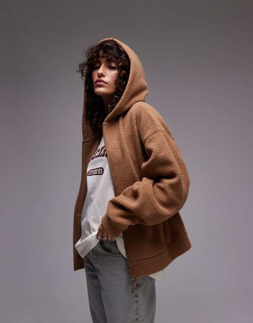 Sudadera polar marrón caramelo con capucha y cremallera de borreguito de Topshop, 2 de 4