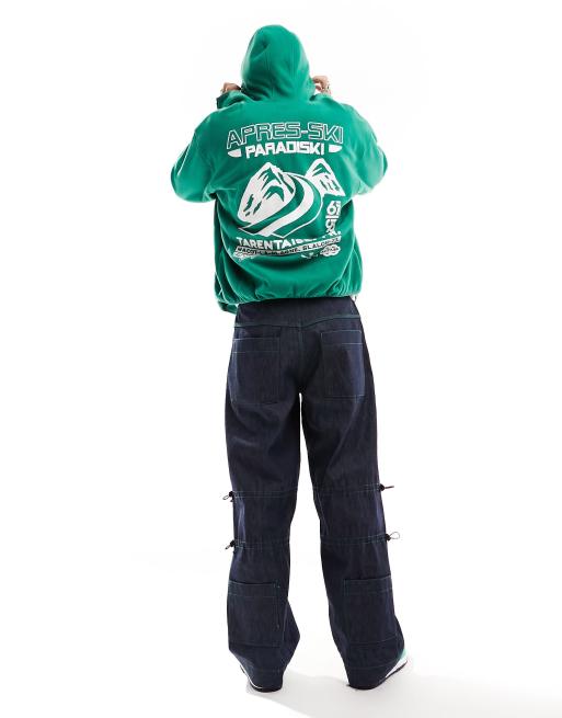 Sudadera polar verde extragrande con capucha y estampado trasero 