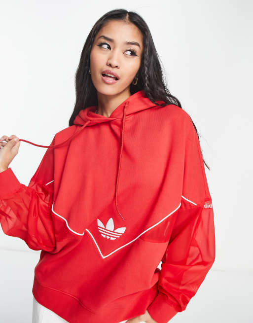 Sudadera roja con capucha, insertos de malla y trébol de adidas Originals