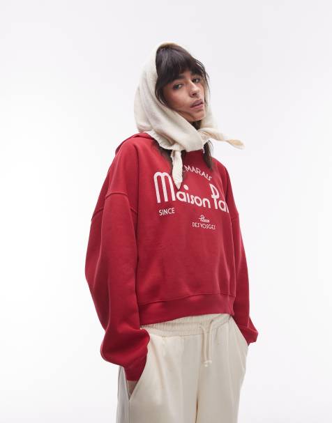 Sudadera roja extragrande con capucha y estampado "Maison Paris" de Topshop - view 1