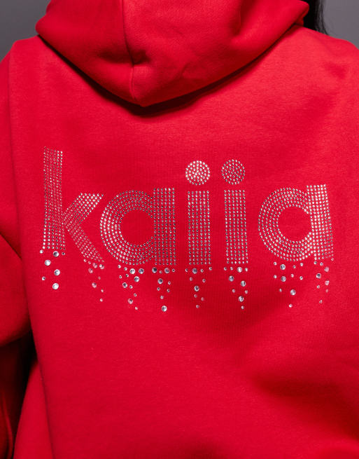 Sudadera roja extragrande con capucha y logo de strass de tejido rico en algodón exclusiva de Kaiia (parte de un conjunto), 4 de 4