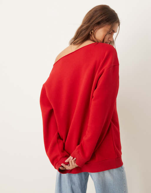 Sudadera roja holgada con escote Bardot de ASOS DESIGN, 2 de 4