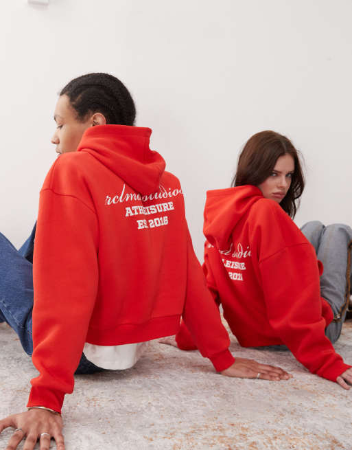 Sudadera roja unisex de corte cuadrado con capucha y logo de Reclaimed Vintage, 4 de 4