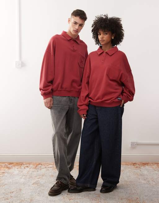 Sudadera rojo lavado de corte cuadrado con cuello tipo polo de COLLUSION Unisex