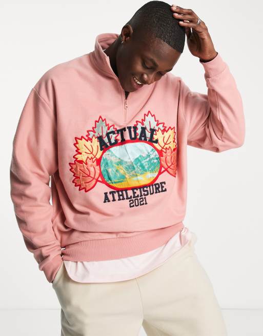 Sudadera rosa extragrande con estampado gráfico de naturaleza, cremallera corta, ribetes y logo de felpa polar de ASOS Actual (parte de un conjunto)