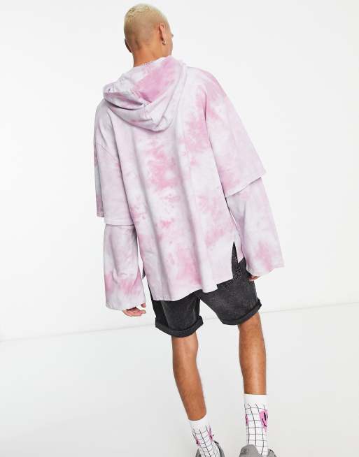 Sudadera rosa y blanca extragrande con capucha, estampado tie dye y diseño de manga larga doble de ASOS DESIGN, 2 de 4