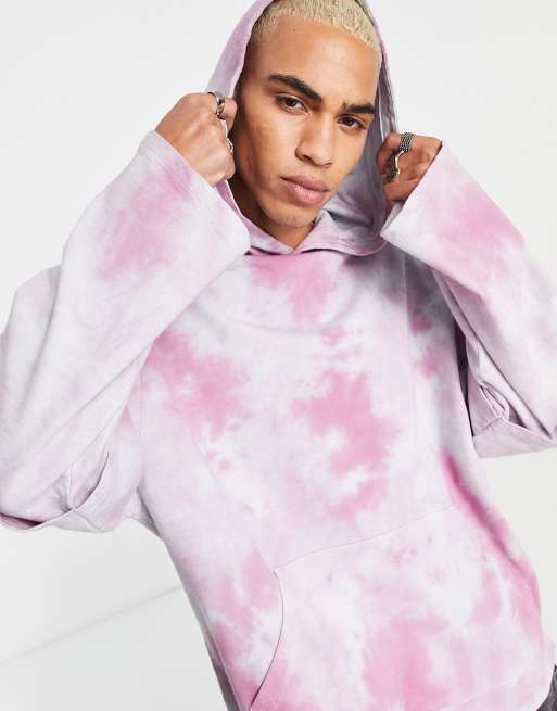 Sudadera rosa y blanca extragrande con capucha, estampado tie dye y diseño de manga larga doble de ASOS DESIGN, 3 de 4