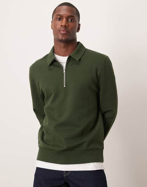 Sudadera verde agave de corte estándar con cremallera corta y cuello de solapas de ASOS DESIGN
