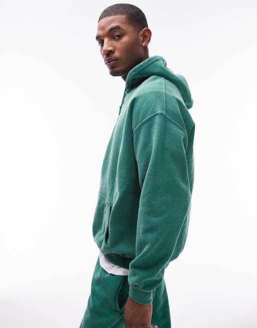 Sudadera verde deportivo extragrande con capucha y lavado envejecido de Topman