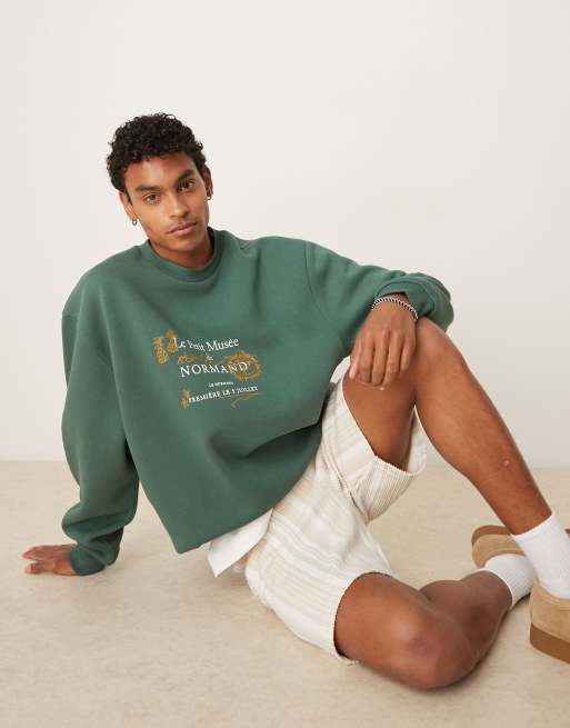 Sudadera verde extragrande con bordado y estampado en el pecho de ASOS DESIGN