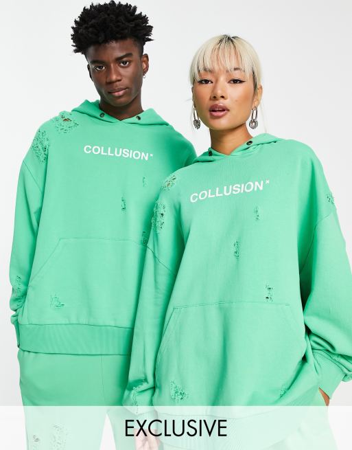 Sudadera verde extragrande con capucha, diseño rasgado y logo de COLLUSION Unisex (parte de un conjunto)