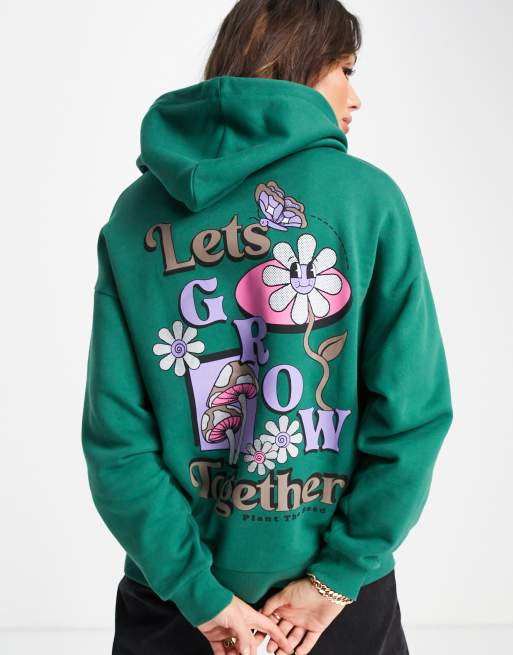 Sudadera verde extragrande con capucha y estampado 