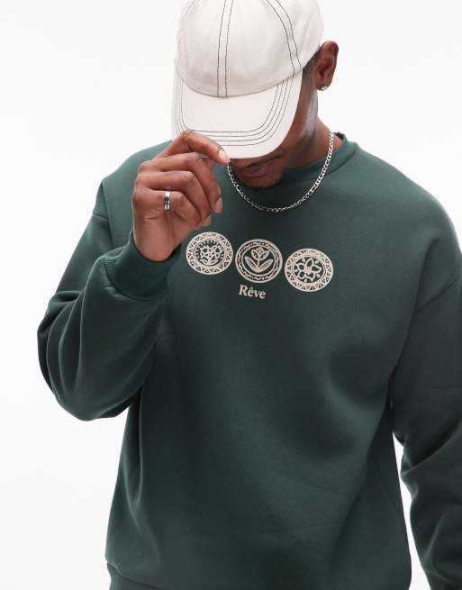 Sudadera verde extragrande con estampado en el pecho de Selected Homme