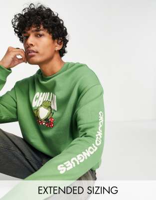 Sudadera verde extragrande con estampado gráfico de sapo y texto 