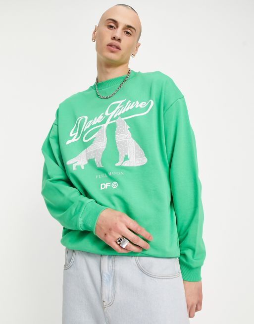 Sudadera verde extragrande con estampado gráfico de lobos de Dark | ASOS