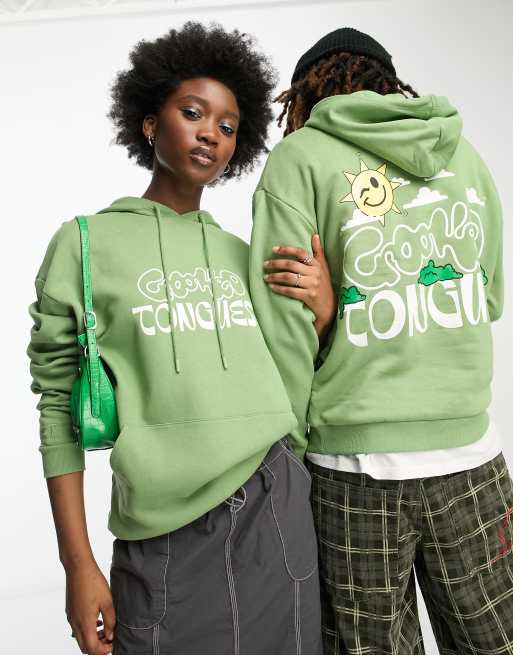 Sudadera verde extragrande unisex con capucha y estampado de sol de Crooked Tongues