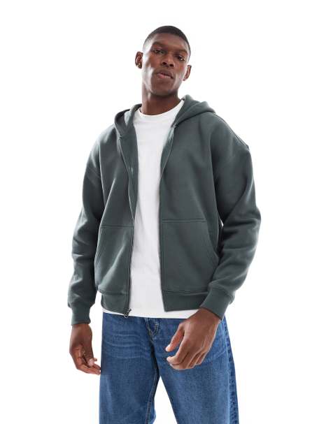Sudadera verde holgada con capucha, cremallera y bolsillo delantero de Hollister - view 1