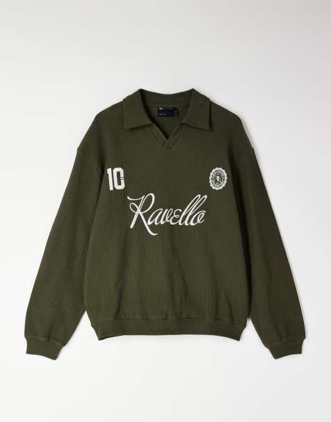 Sudadera verde holgada con cuello tipo polo con muesca y estampado en el pecho de canalé de ASOS DESIGN - view 1