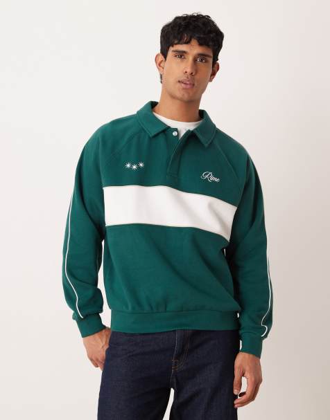 Sudadera verde holgada estilo polo con diseño de franja panelada de ASOS DESIGN - view 1
