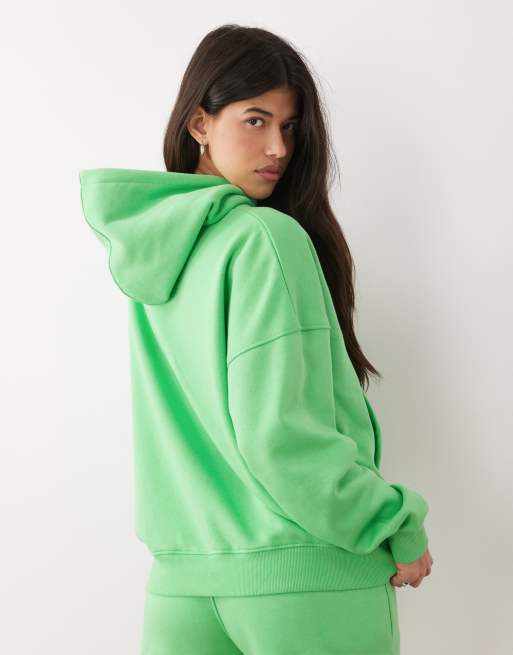 Sudadera verde luminoso extragrande con capucha y logo bordado de tejido rico en algodón de Kaiia (parte de un conjunto), 3 de 4