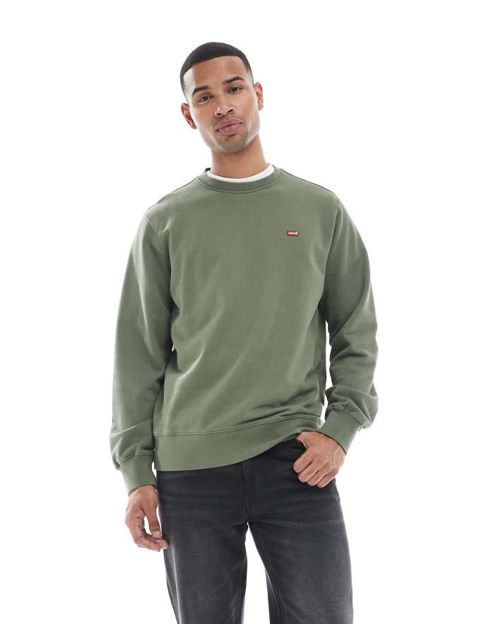 Levi's Sudadera verde medio con cuello redondo y logo de alas de murciélago de felpa rizada Original de