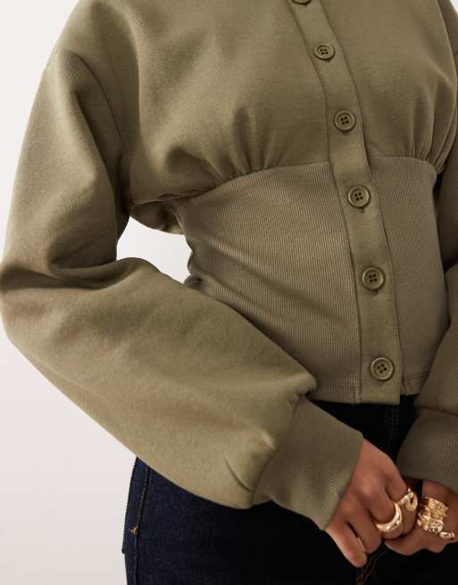 Sudadera verde oliva abotonada con detalle entallado e inserto acanalado de ASOS DESIGN, 4 de 4
