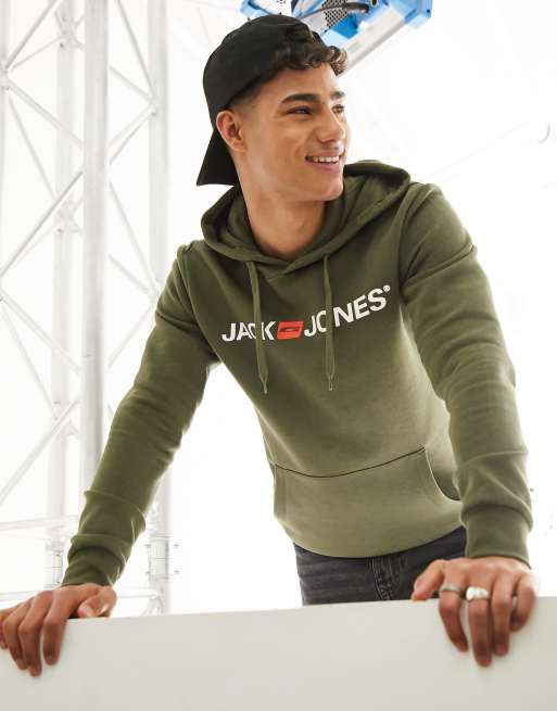 Sudadera verde oliva con capucha y logo de Jack & Jones