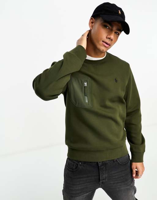 Sudadera verde oliva con cremallera en la parte delantera, logo y dos bolsillos de punto de Polo Ralph Lauren
