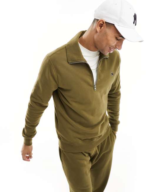Sudadera verde oliva de felpa de rizo con media cremallera y logo de silicona de Abercrombie & Fitch (parte de un conjunto)