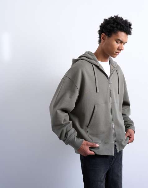 Sudadera verde oliva extragrande con capucha y cremallera de tejido grueso de Topman - view 1