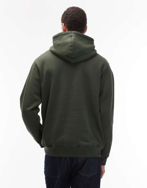 Sudadera verde oliva oscuro de corte suelto con capucha y logo en la parte izquierda del pecho de Vans, 3 de 5